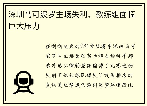 深圳马可波罗主场失利，教练组面临巨大压力