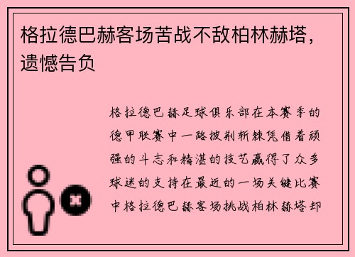 格拉德巴赫客场苦战不敌柏林赫塔，遗憾告负