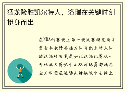 猛龙险胜凯尔特人，洛瑞在关键时刻挺身而出