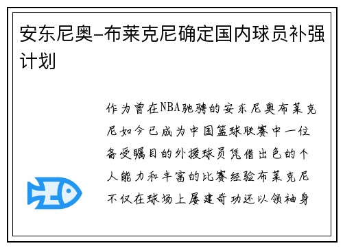 安东尼奥-布莱克尼确定国内球员补强计划
