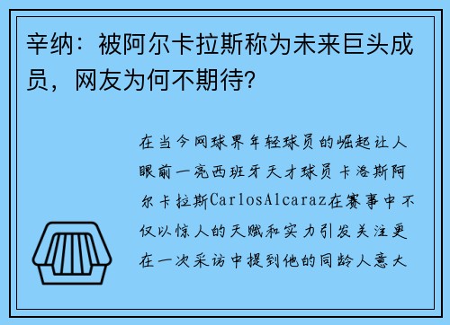 辛纳：被阿尔卡拉斯称为未来巨头成员，网友为何不期待？