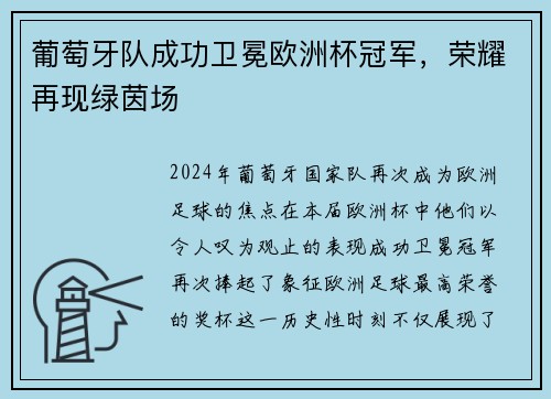 葡萄牙队成功卫冕欧洲杯冠军，荣耀再现绿茵场