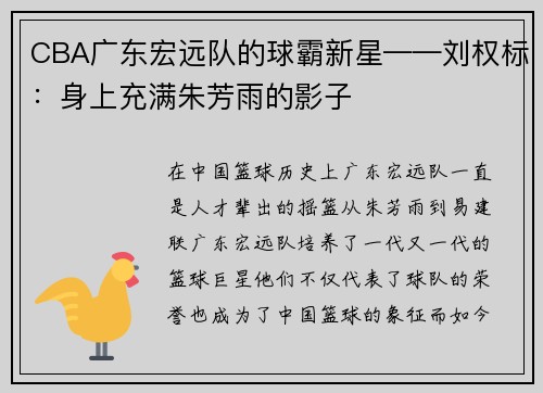 CBA广东宏远队的球霸新星——刘权标：身上充满朱芳雨的影子
