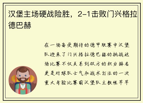 汉堡主场硬战险胜，2-1击败门兴格拉德巴赫