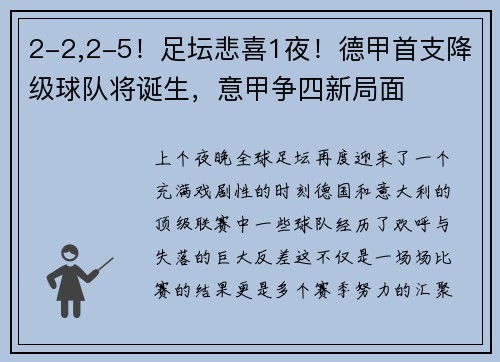 2-2,2-5！足坛悲喜1夜！德甲首支降级球队将诞生，意甲争四新局面