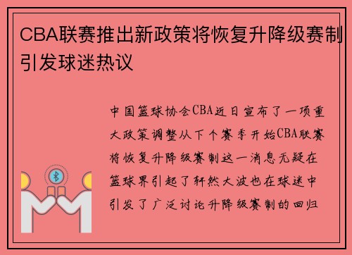 CBA联赛推出新政策将恢复升降级赛制引发球迷热议